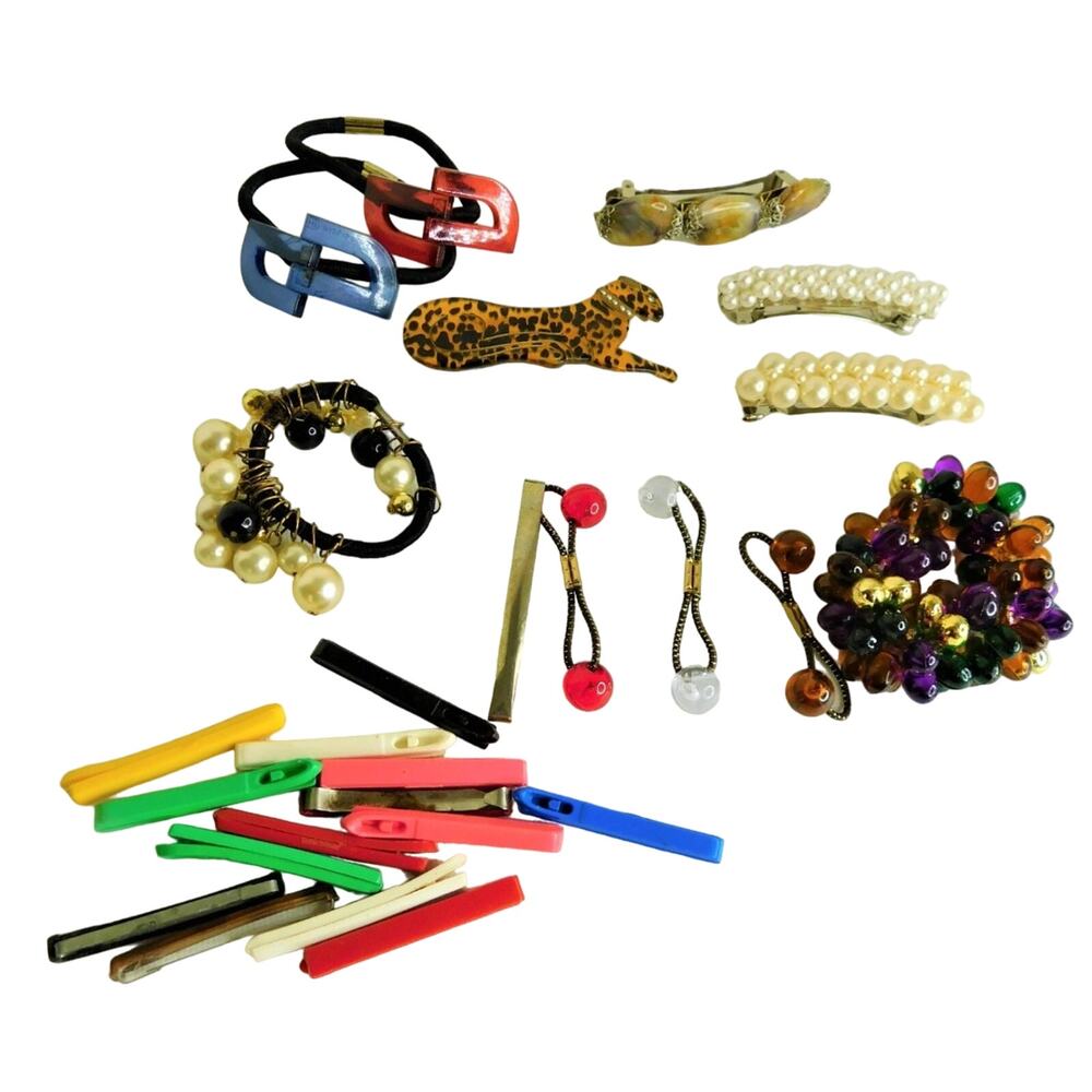 Vintage Hair Accessories Lot Cheetah Pearl Barrettes Elastics